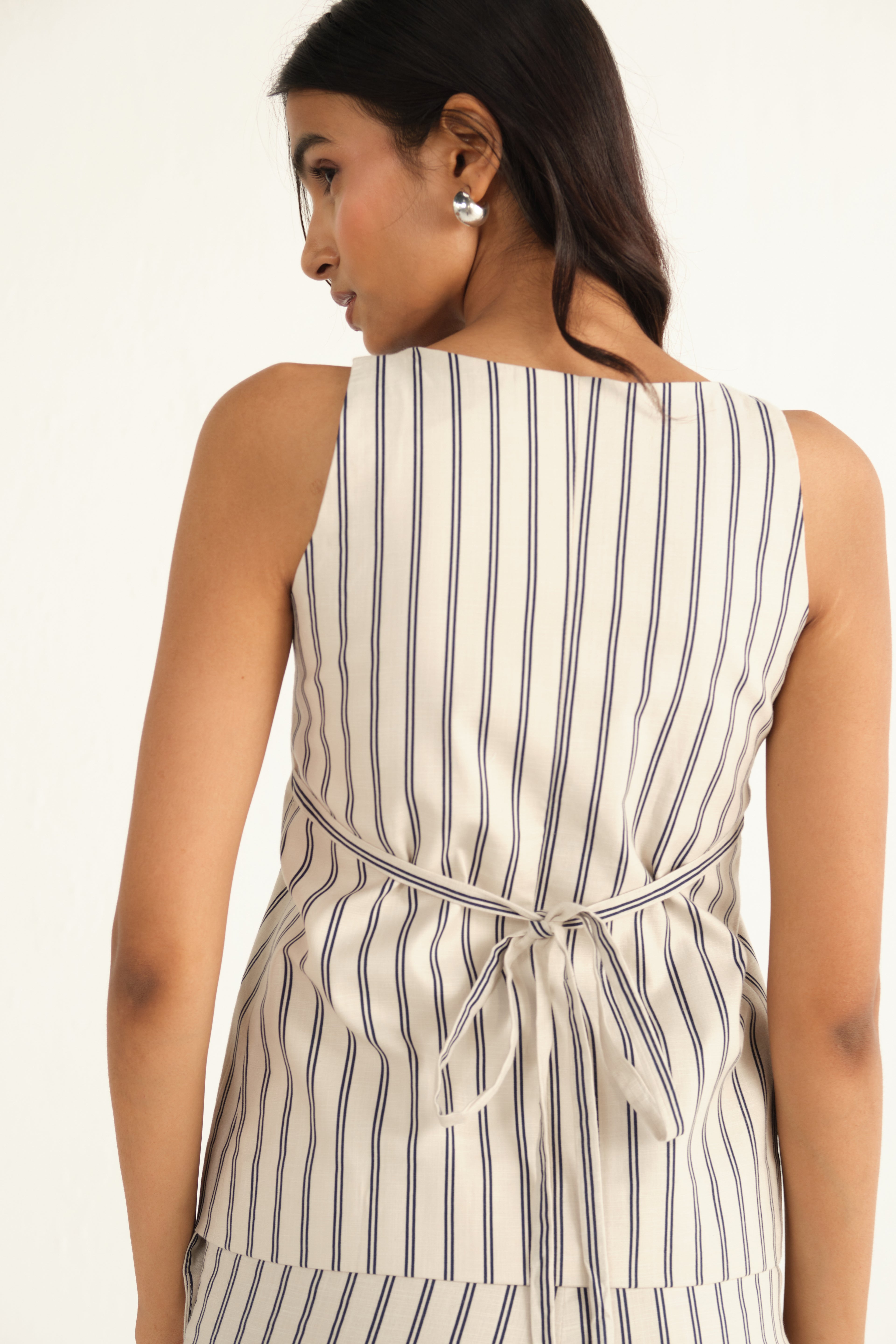Linen Striped Waistcoat | Beige & Blue