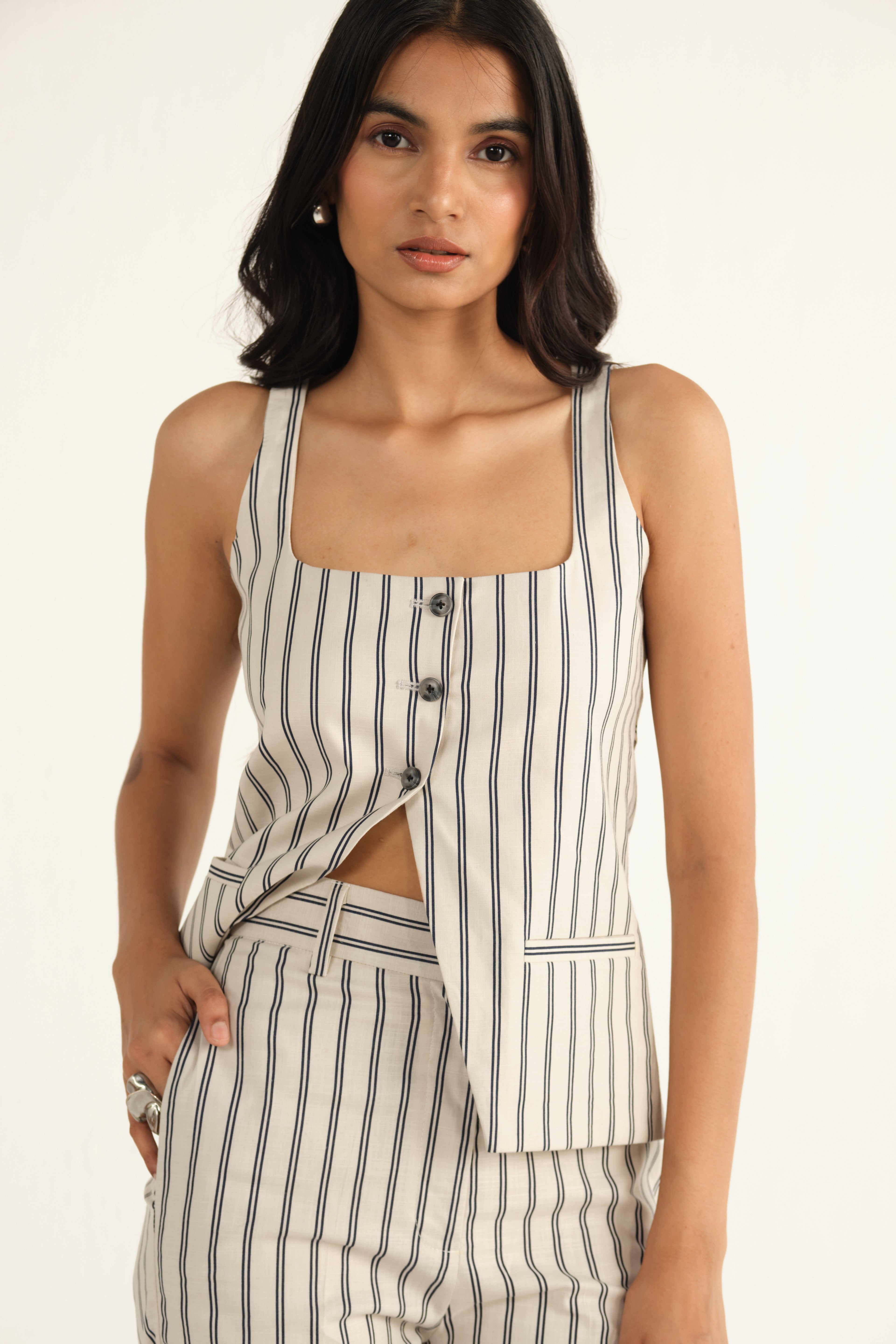 Linen Striped Waistcoat | Beige & Blue