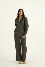 100% Linen Drawstring Straight Pants | Dark Green