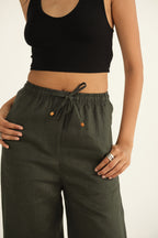100% Linen Drawstring Straight Pants | Dark Green