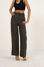 100% Linen Drawstring Straight Pants | Dark Green