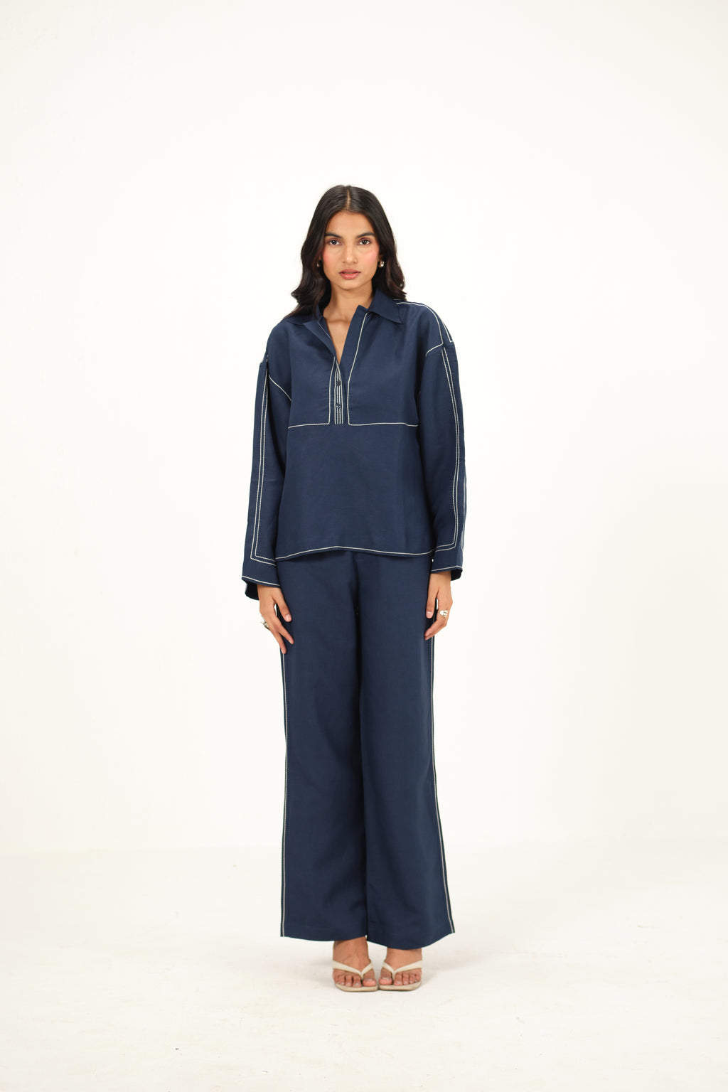 100% Linen Straight Pants with Top Stitch Detail | Navy Blue