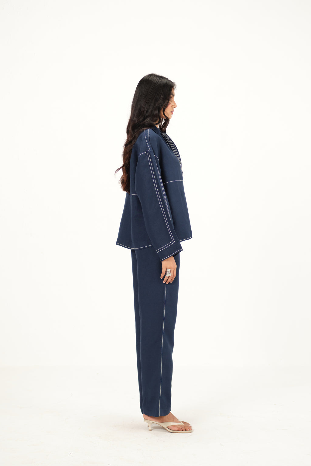 100% Linen Straight Pants with Top Stitch Detail | Navy Blue