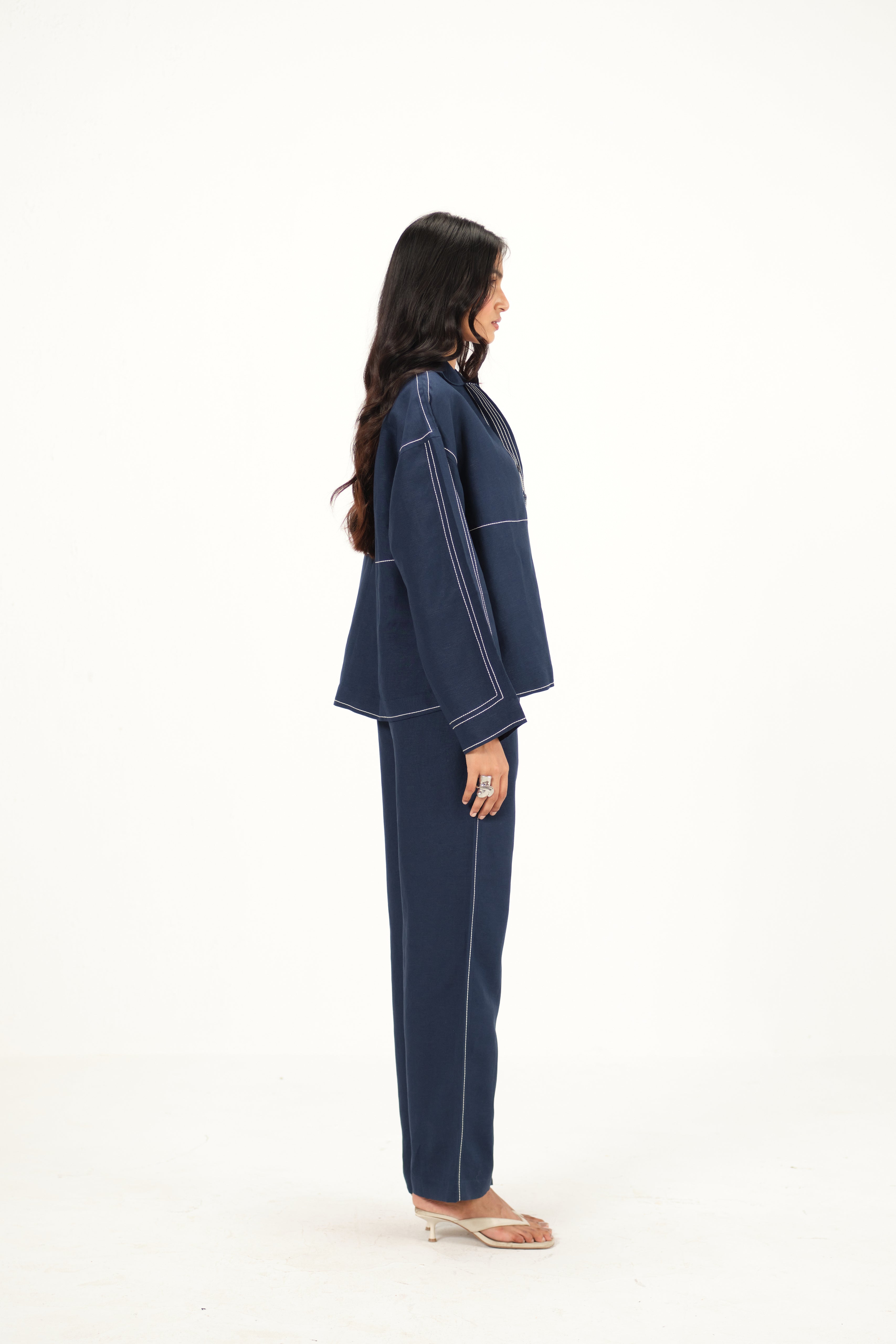 100% Linen Top Stitch Detail Top | Navy Blue