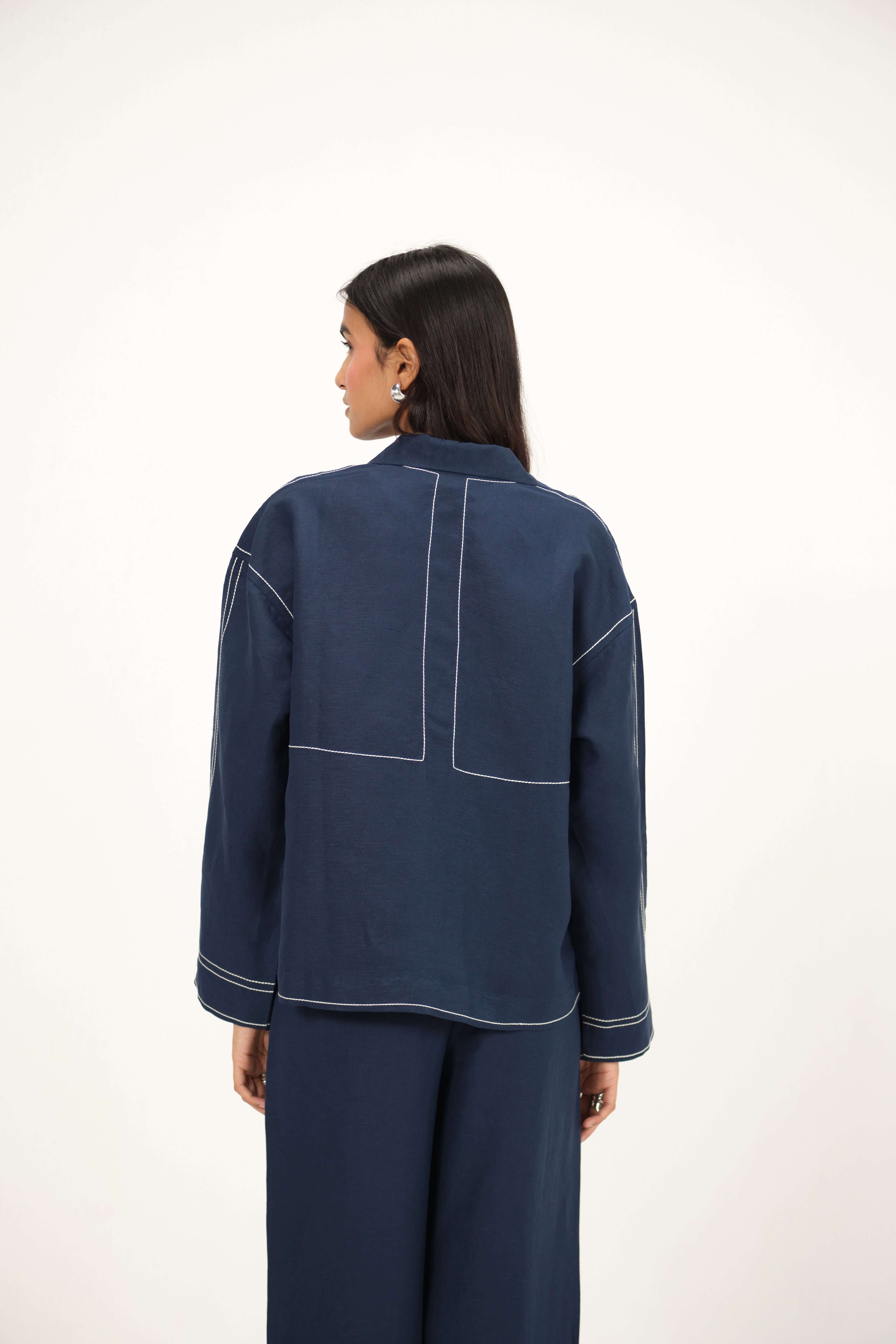 100% Linen Top Stitch Detail Top | Navy Blue