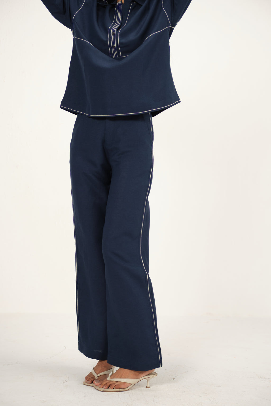 100% Linen Straight Pants with Top Stitch Detail | Navy Blue