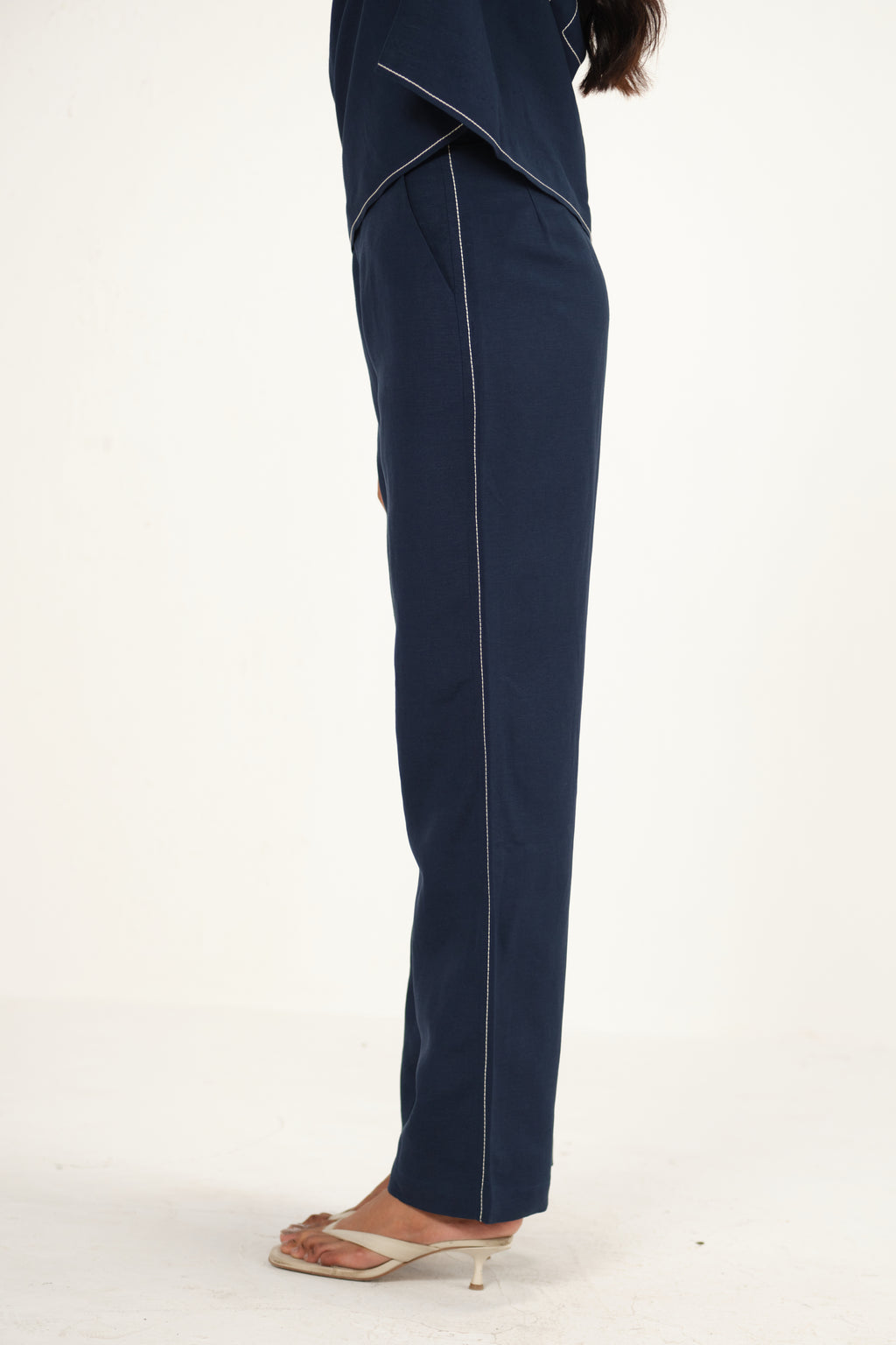 100% Linen Straight Pants with Top Stitch Detail | Navy Blue