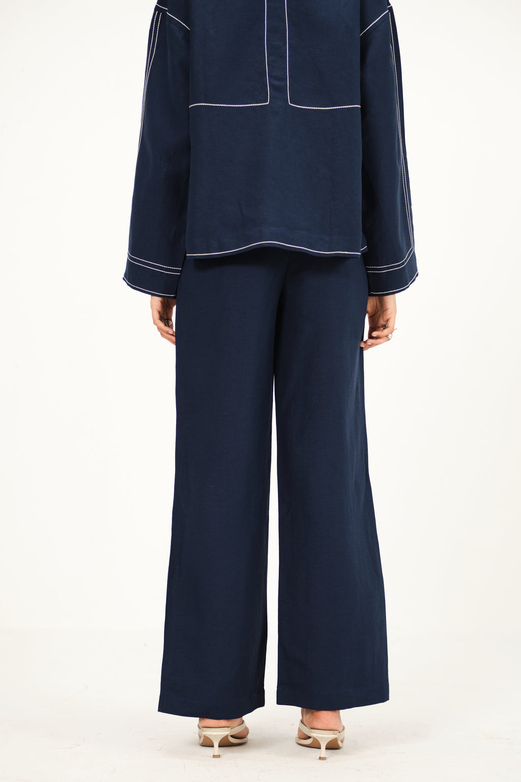100% Linen Straight Pants with Top Stitch Detail | Navy Blue