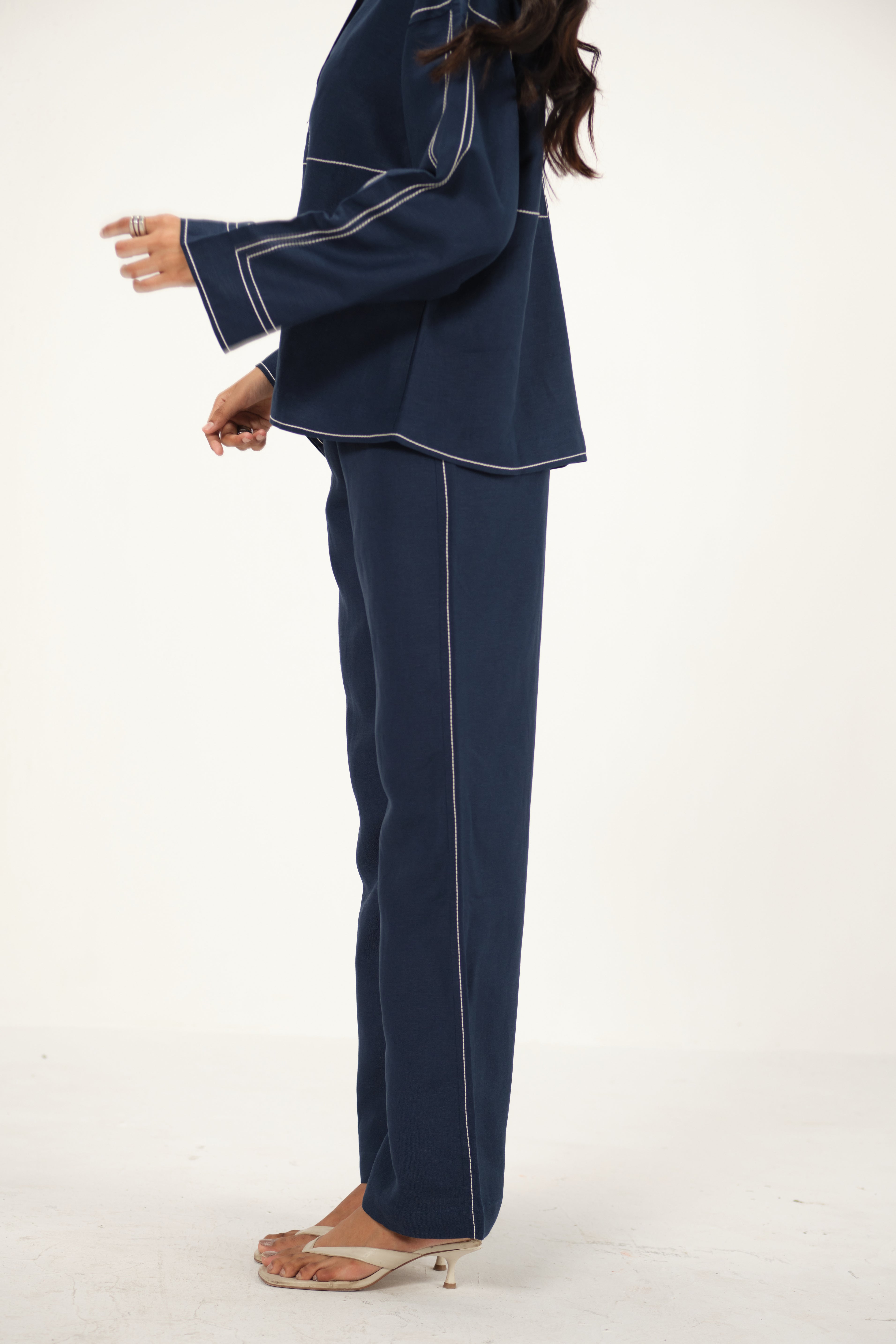 100% Linen Straight Pants with Top Stitch Detail | Navy Blue