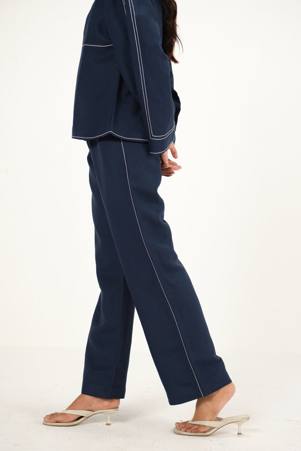 100% Linen Straight Pants with Top Stitch Detail | Navy Blue