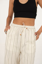 Linen Striped Drawstring Pants | Off White & Green