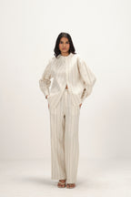 Linen Striped Band Collar Top with Front Slit | Off White & Green
