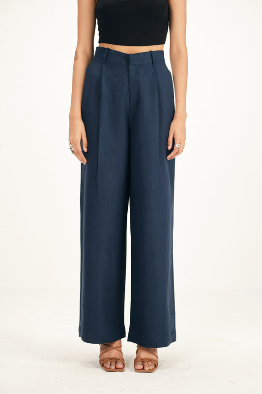 100% Linen Navy Blue Straight Fit Pants