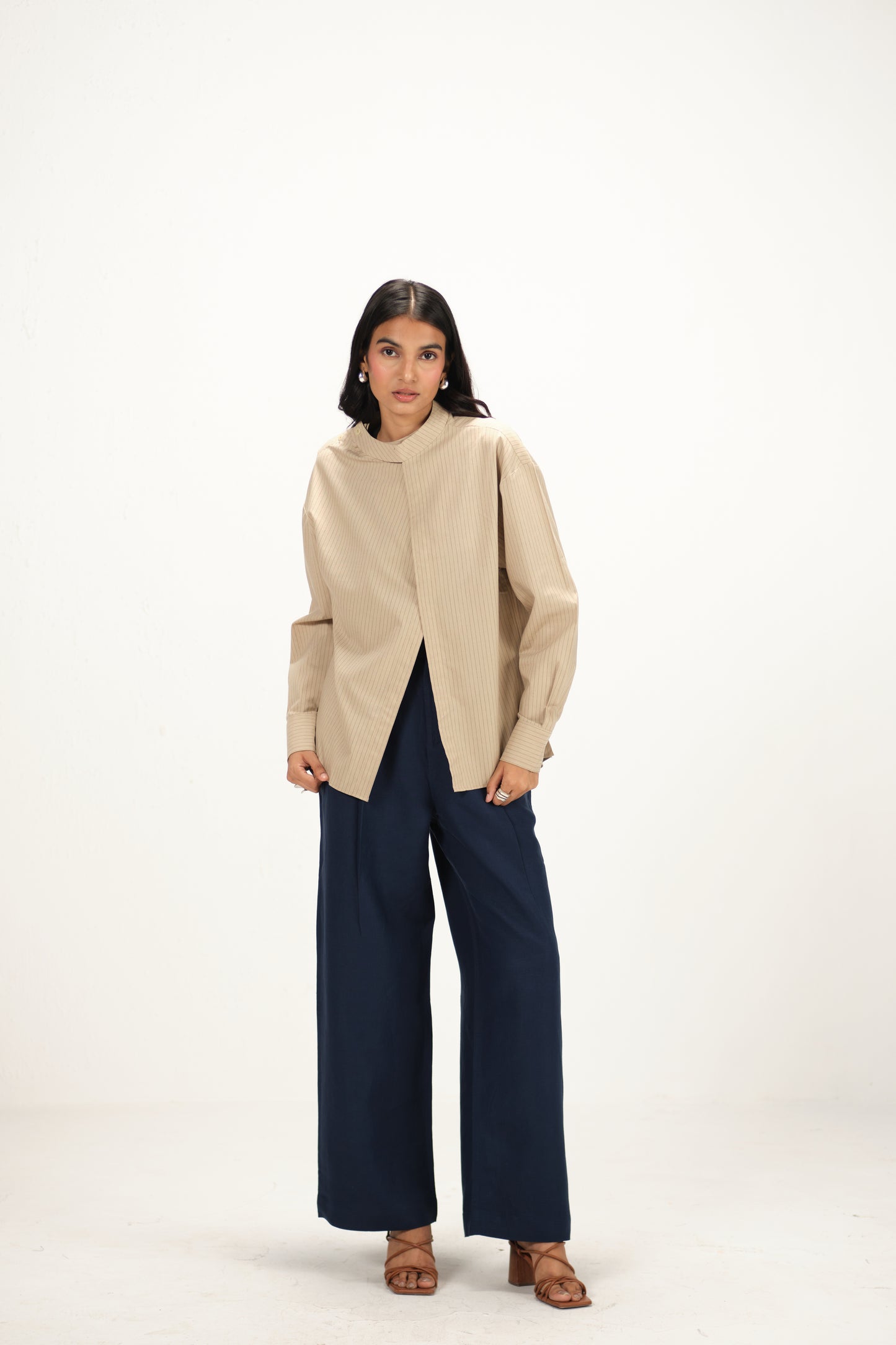 Linen Striped Band Collar Top with Front Slit | Beige & Navy Blue