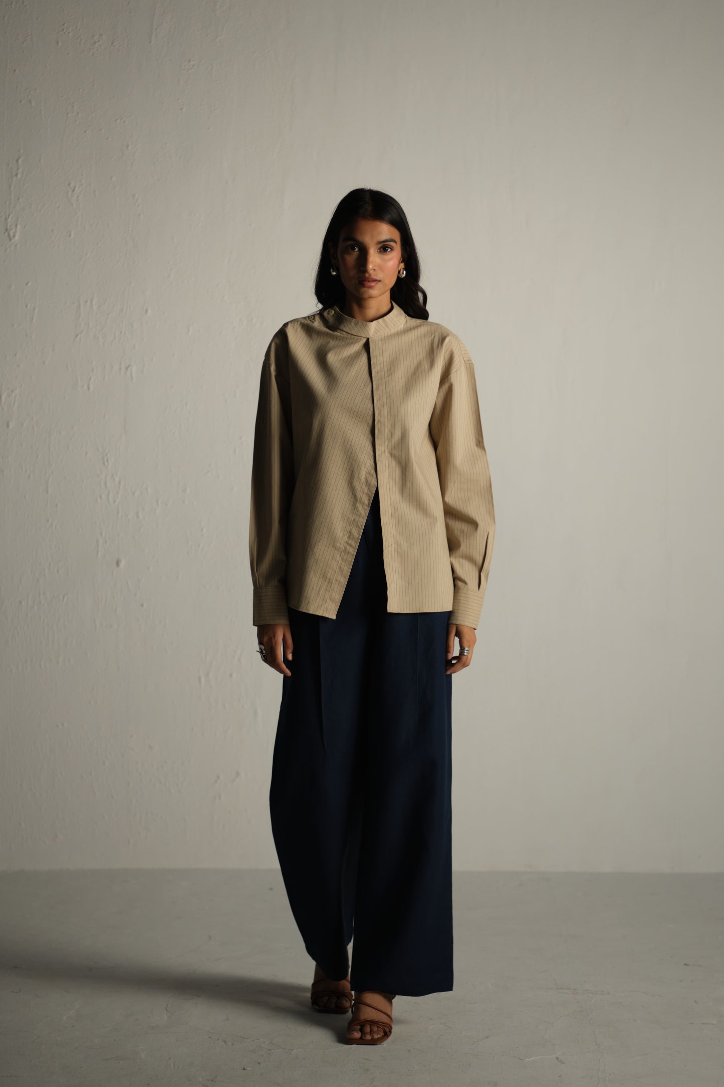 Linen Striped Band Collar Top with Front Slit | Beige & Navy Blue