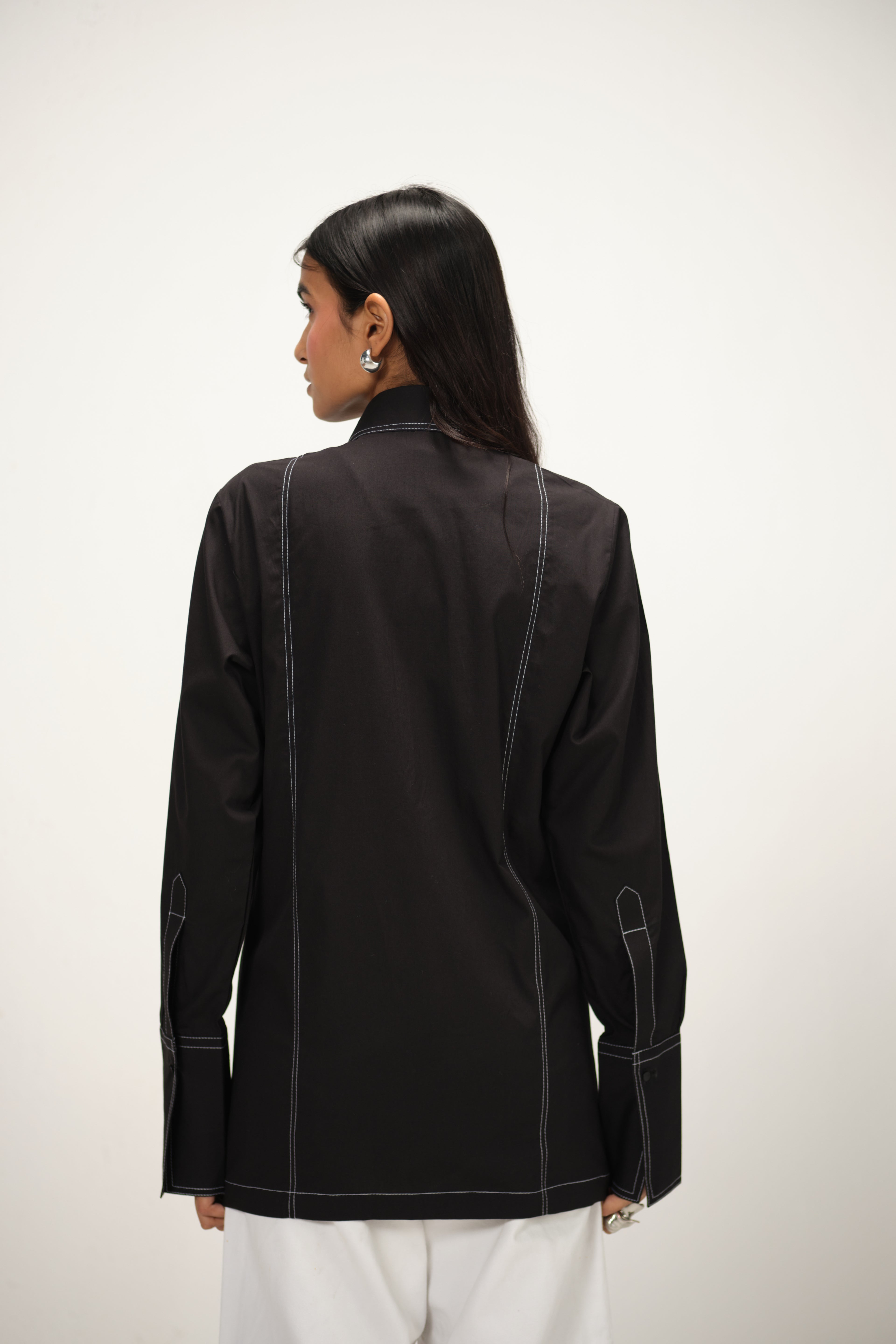 Poplin Shirt with Top Stitch Detail | Black