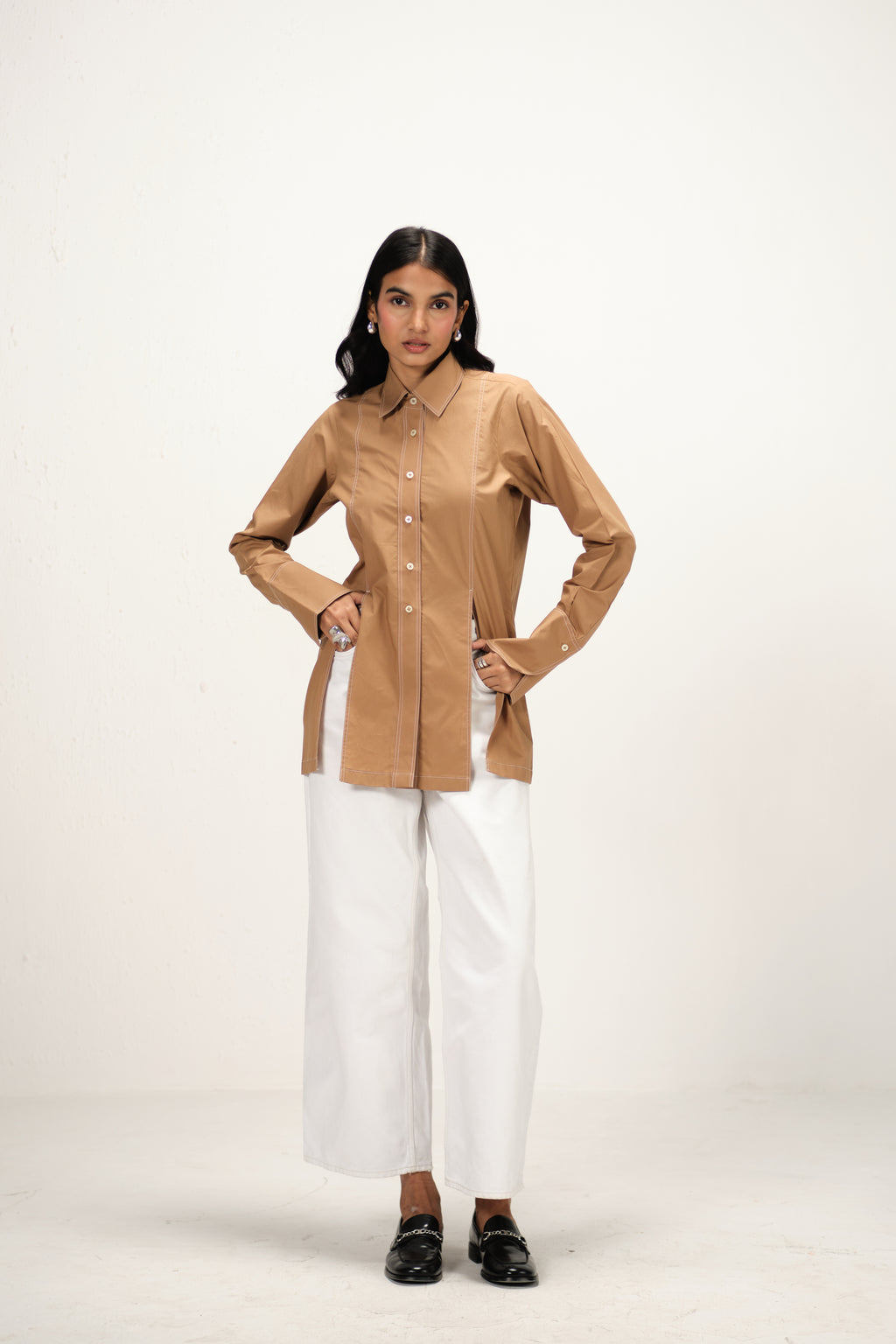 Poplin Shirt with Top Stitch Detail | Brown