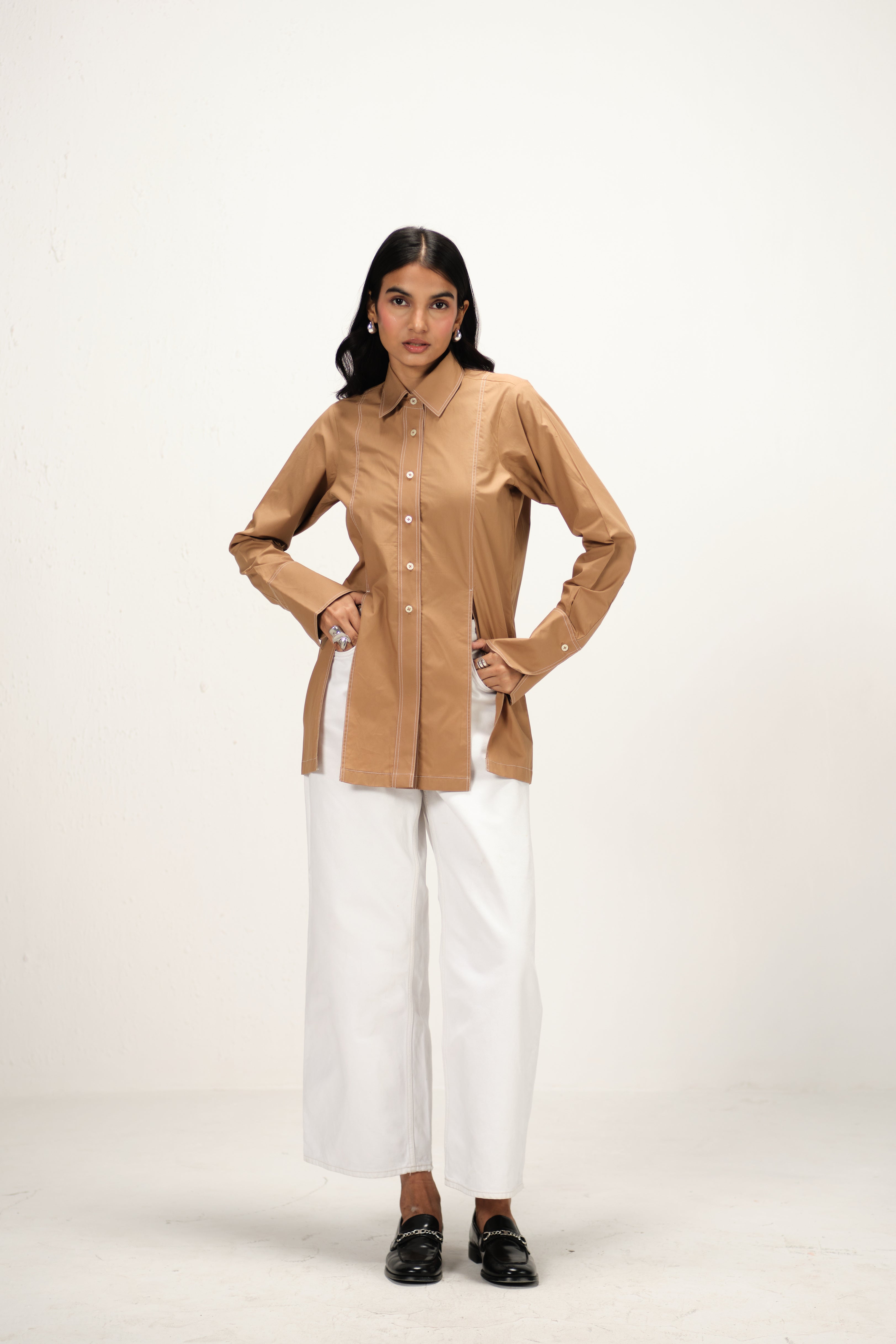 Poplin Shirt with Top Stitch Detail | Brown