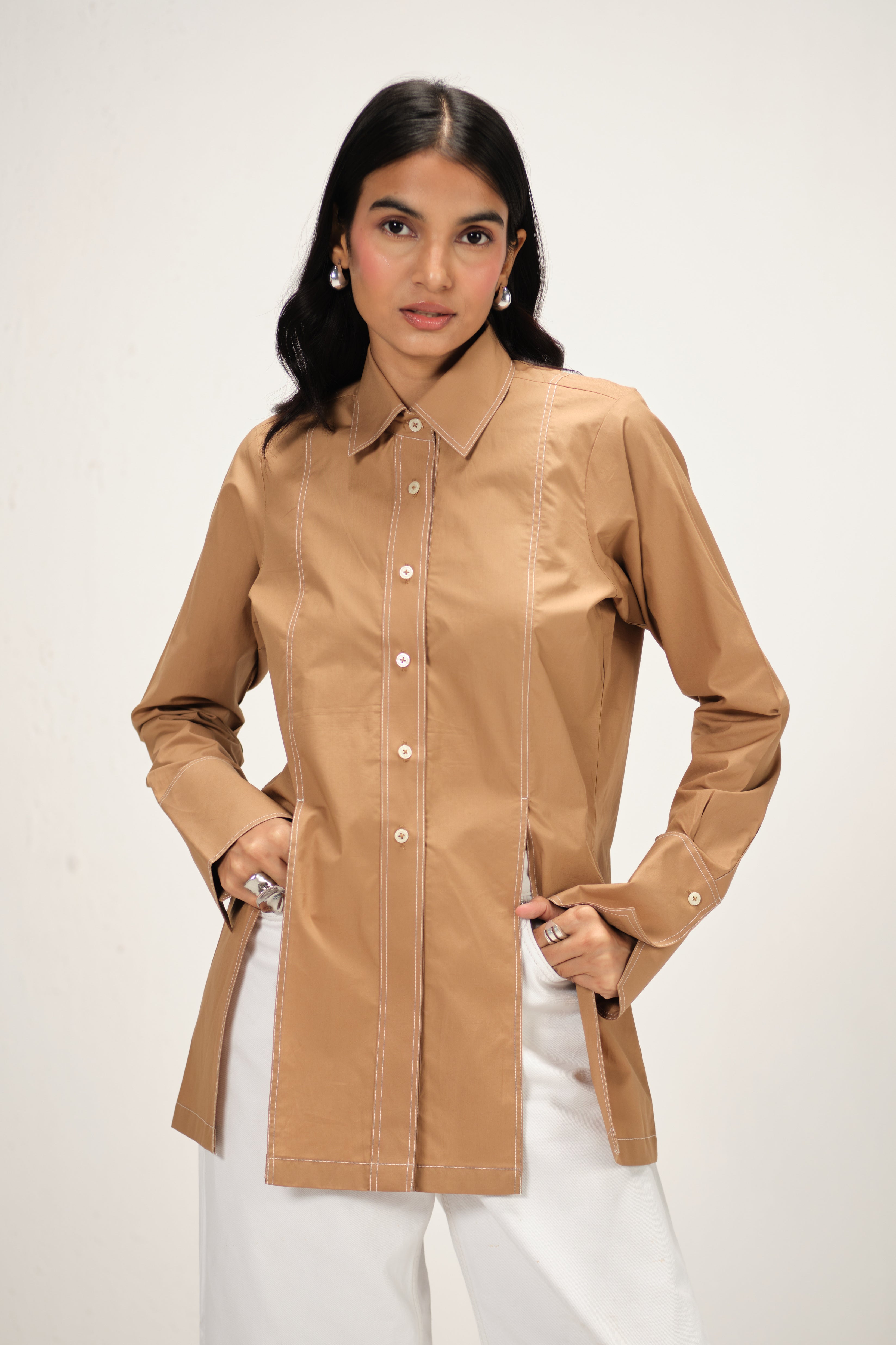 Poplin Shirt with Top Stitch Detail | Brown