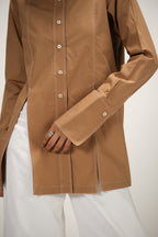 Poplin Shirt with Top Stitch Detail | Brown
