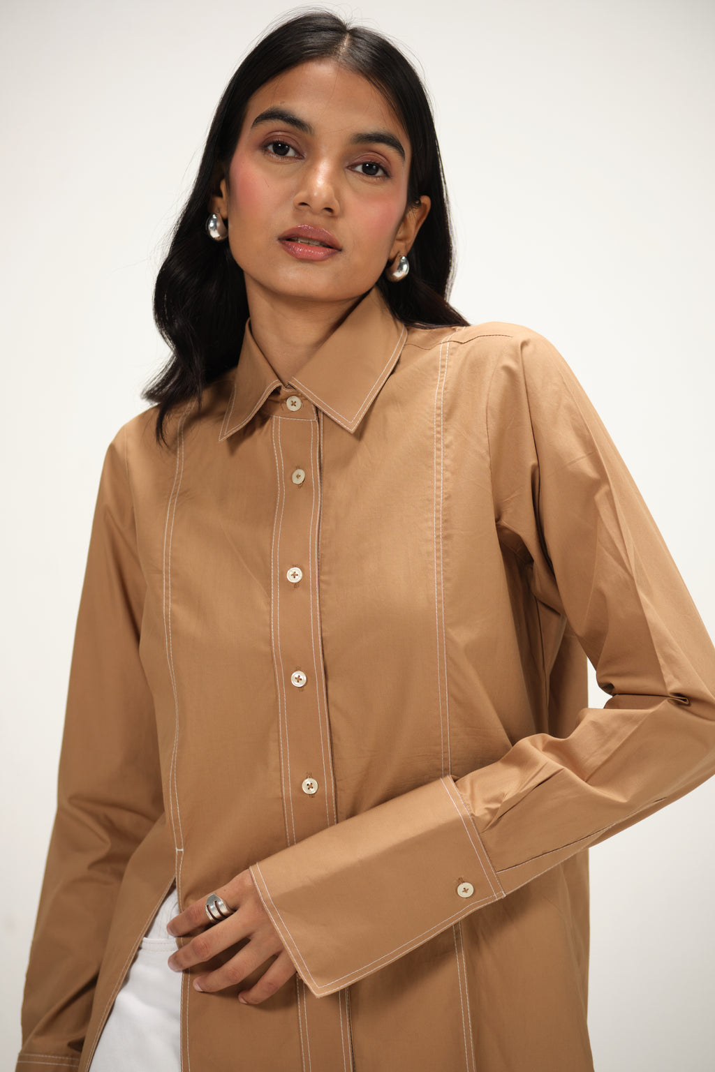 Poplin Shirt with Top Stitch Detail | Brown