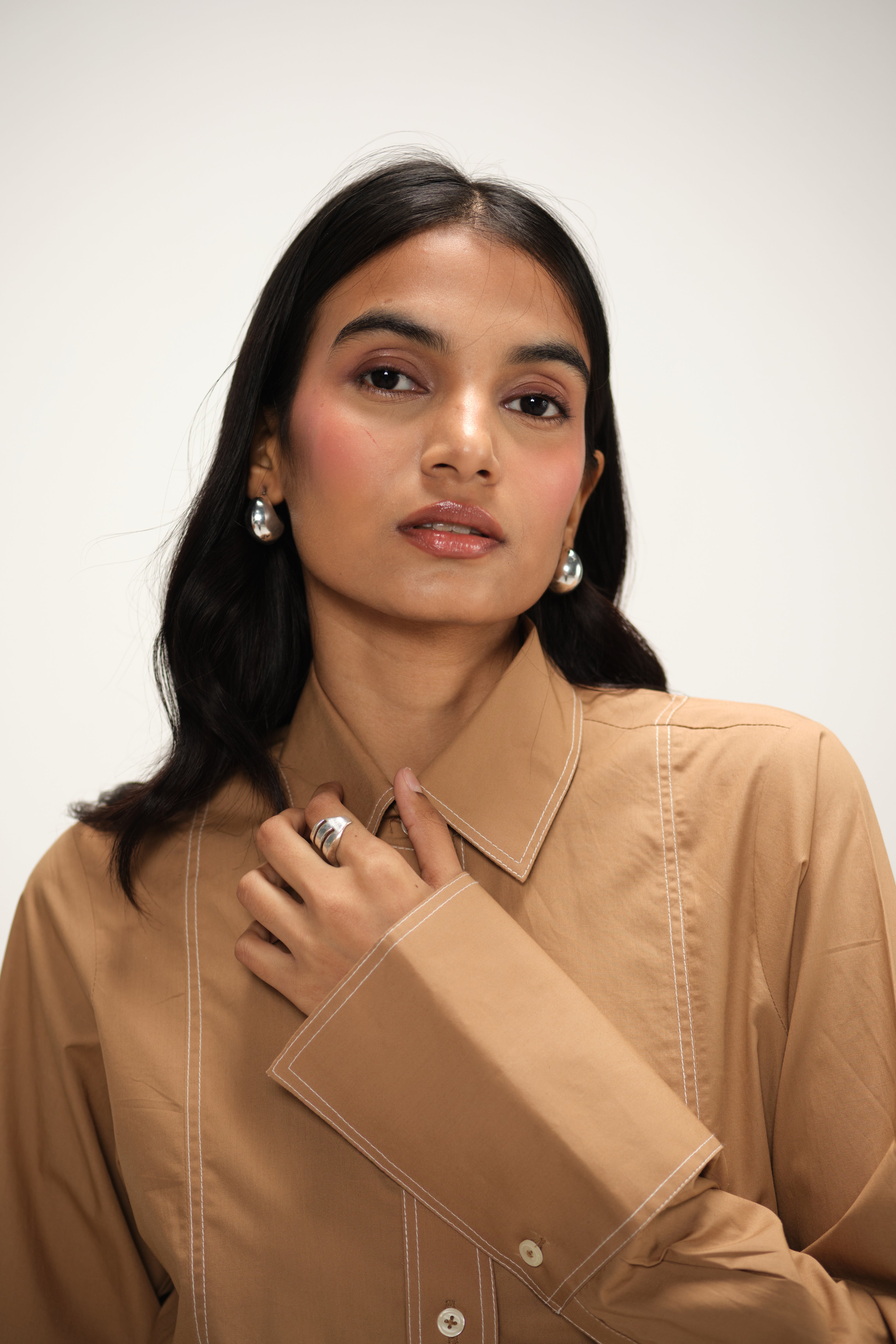 Poplin Shirt with Top Stitch Detail | Brown