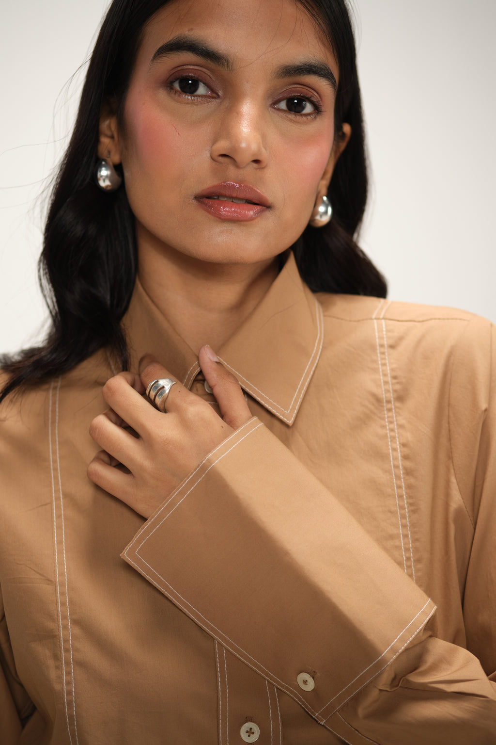 Poplin Shirt with Top Stitch Detail | Brown