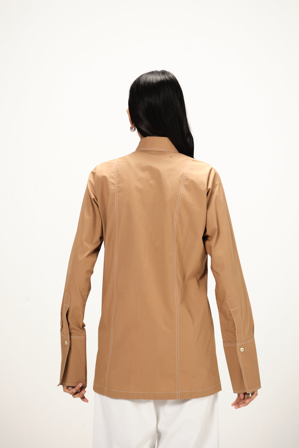 Poplin Shirt with Top Stitch Detail | Brown