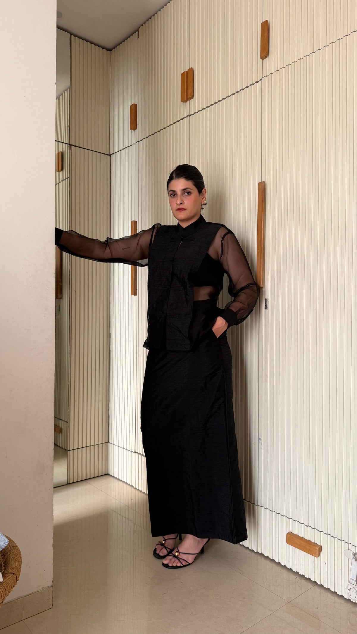 Sheer Organza Shirt & Long Silk Skirt Set | Black