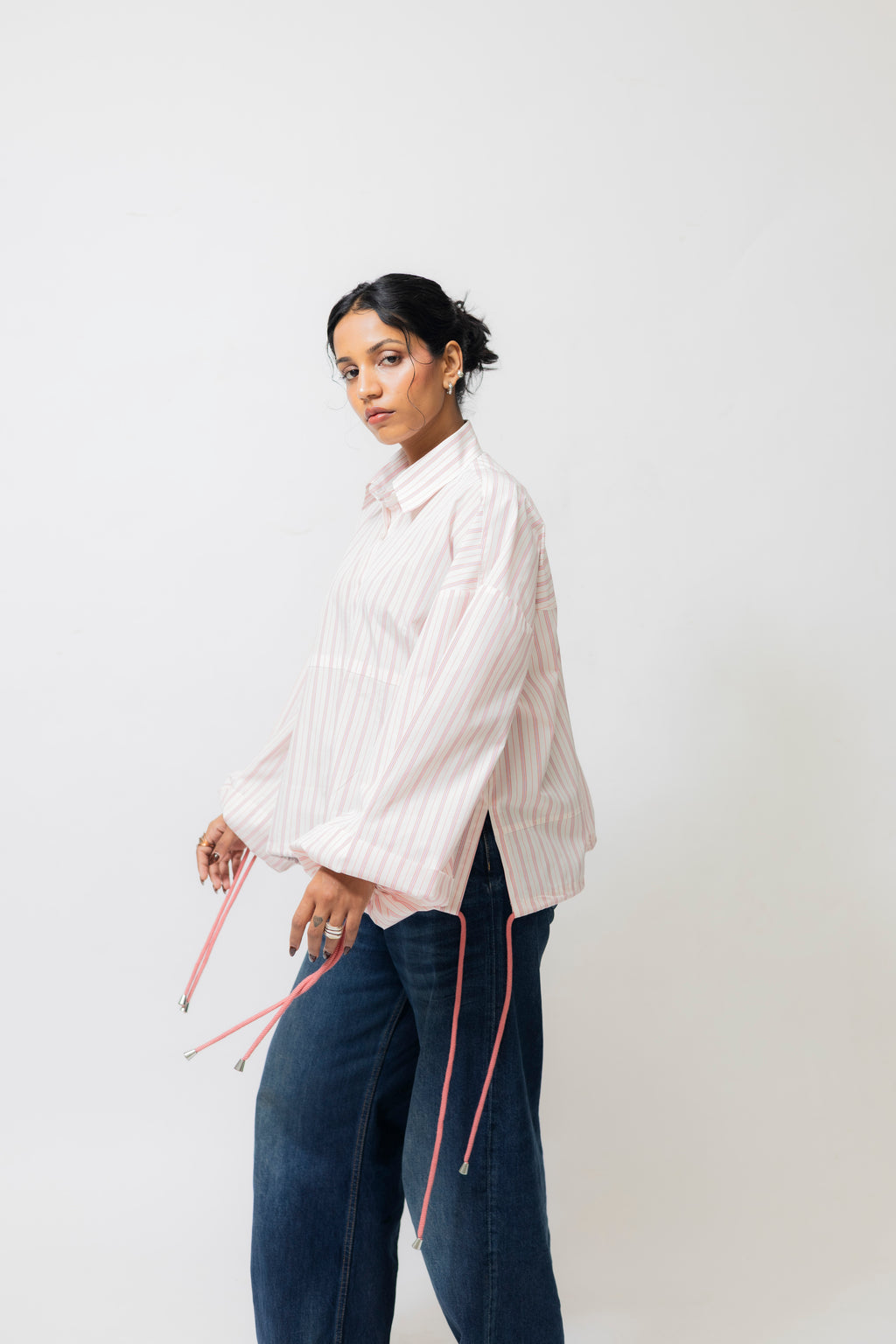 Balloon Sleeve Cotton Shirt with Drawstrings – White & Pink