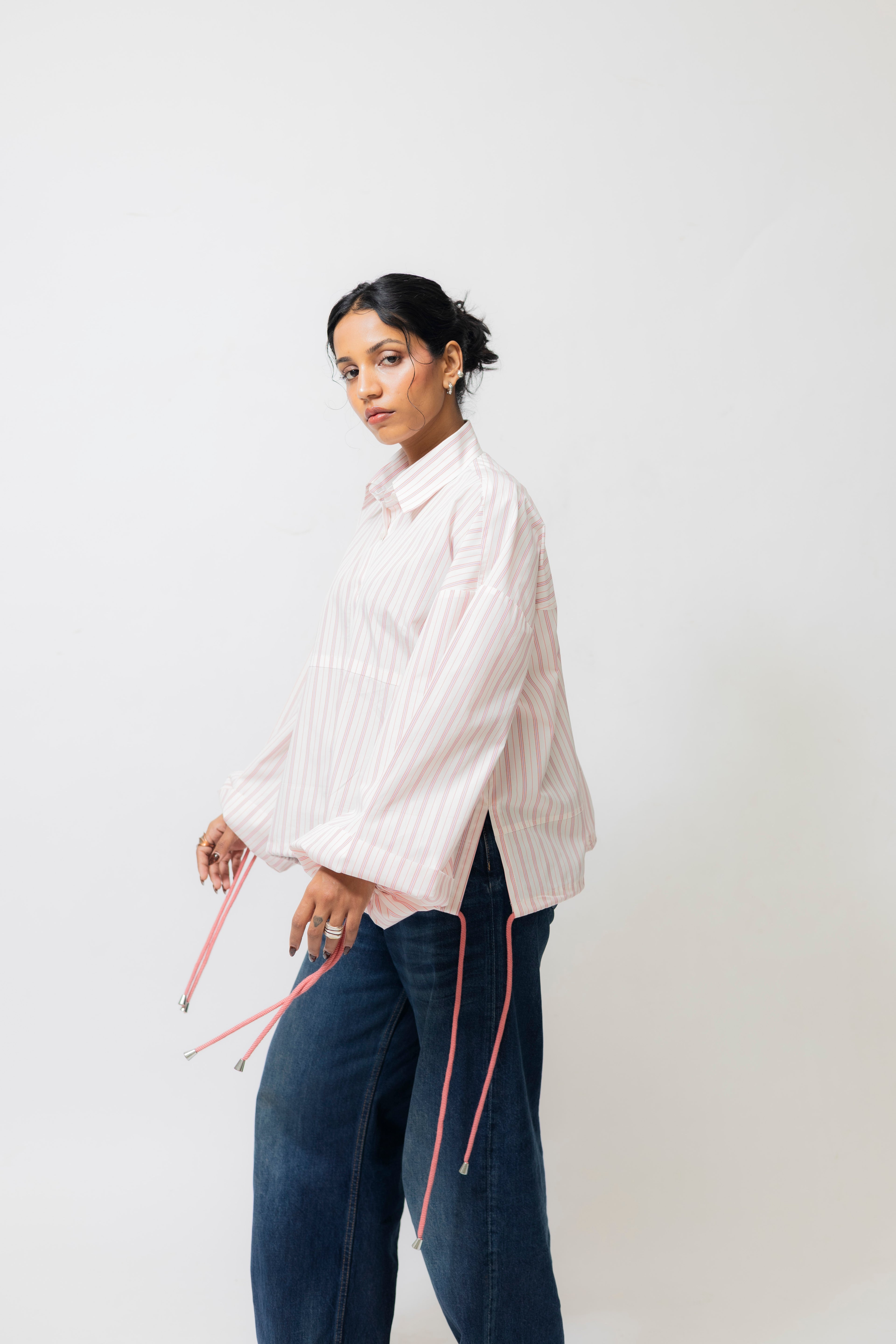 Balloon Sleeve Cotton Shirt with Drawstrings – White & Pink