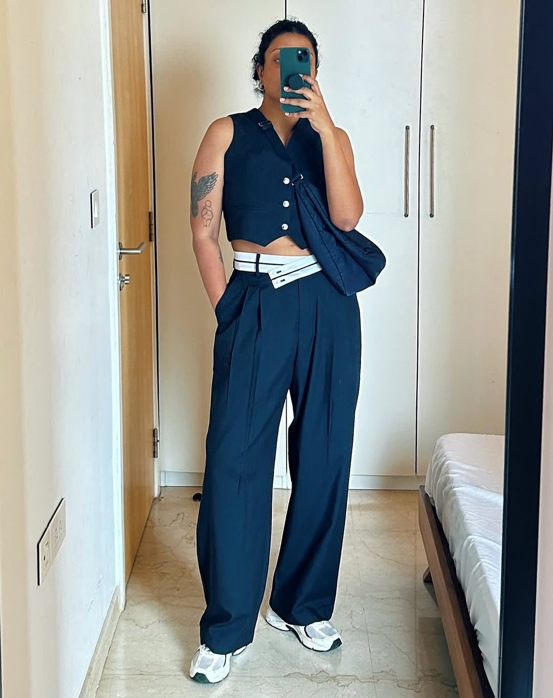 V-Neck Cropped Waistcoat in Navy Blue as seen on Aishwarya Subramanyam