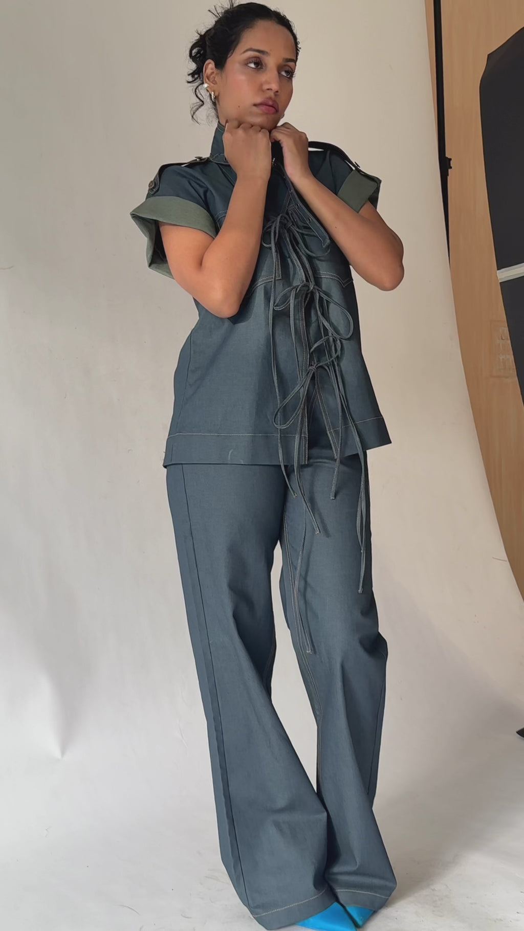 Dual-Tone Denim Utility Jacket with Lace-Up Front | Blue & Green