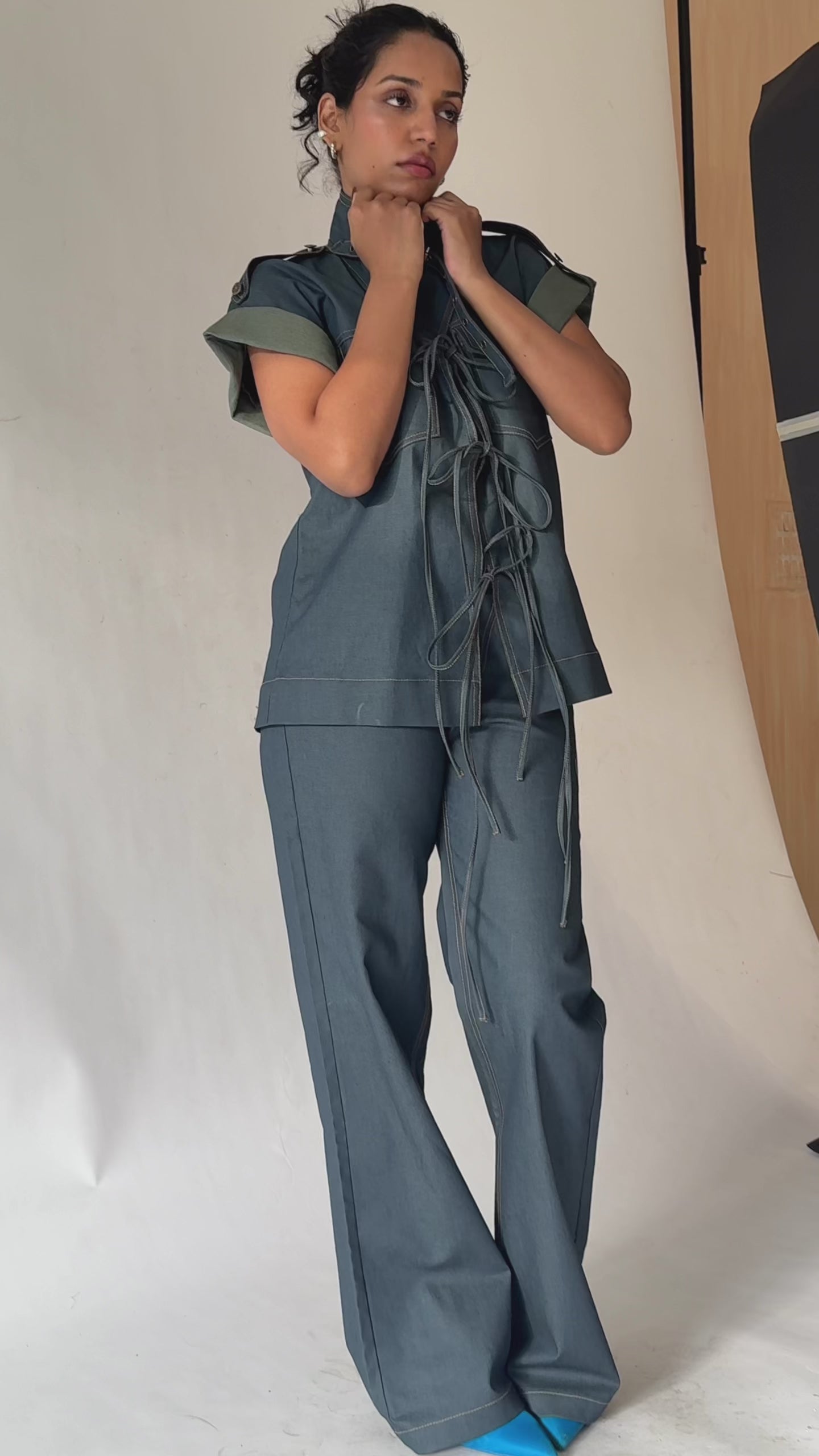 Dual-Tone Denim Utility Jacket with Lace-Up Front | Blue & Green