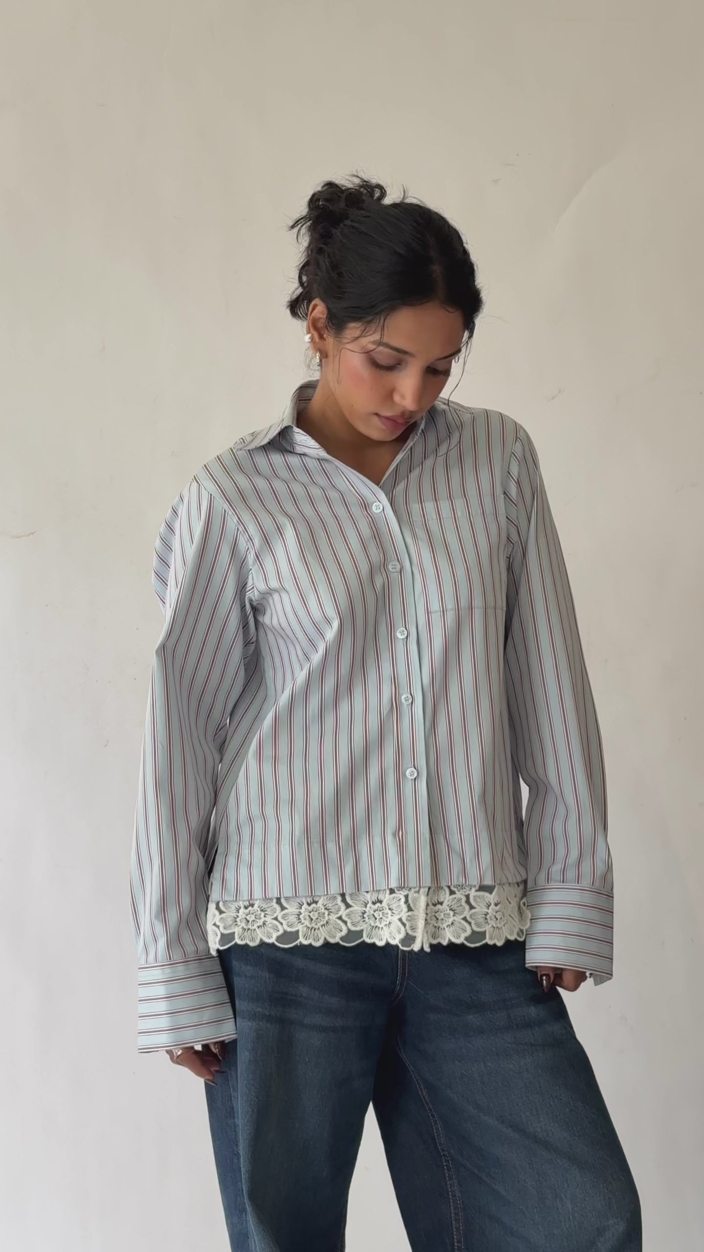 Women’s Striped Cotton Blend Shirt with Detachable Lace Hem | Blue & Red