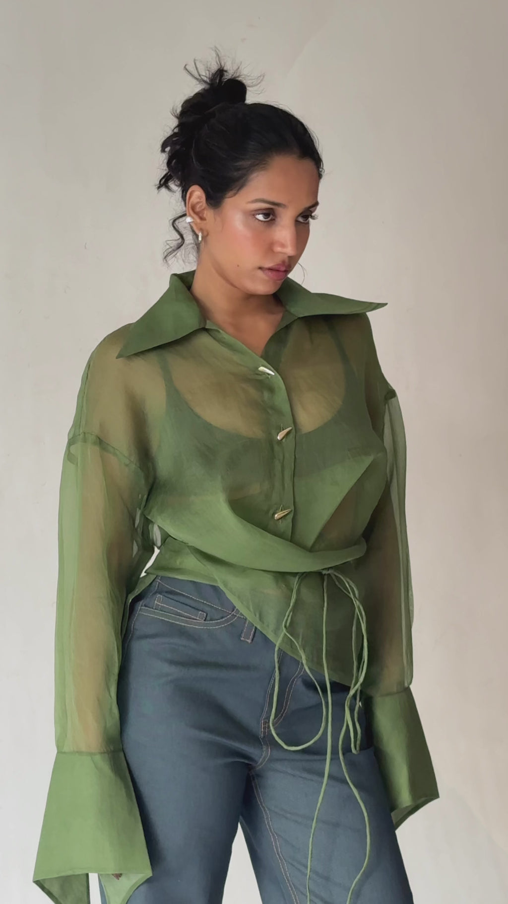 Sheer Organza Wrap Shirt with Tie Waist | Green