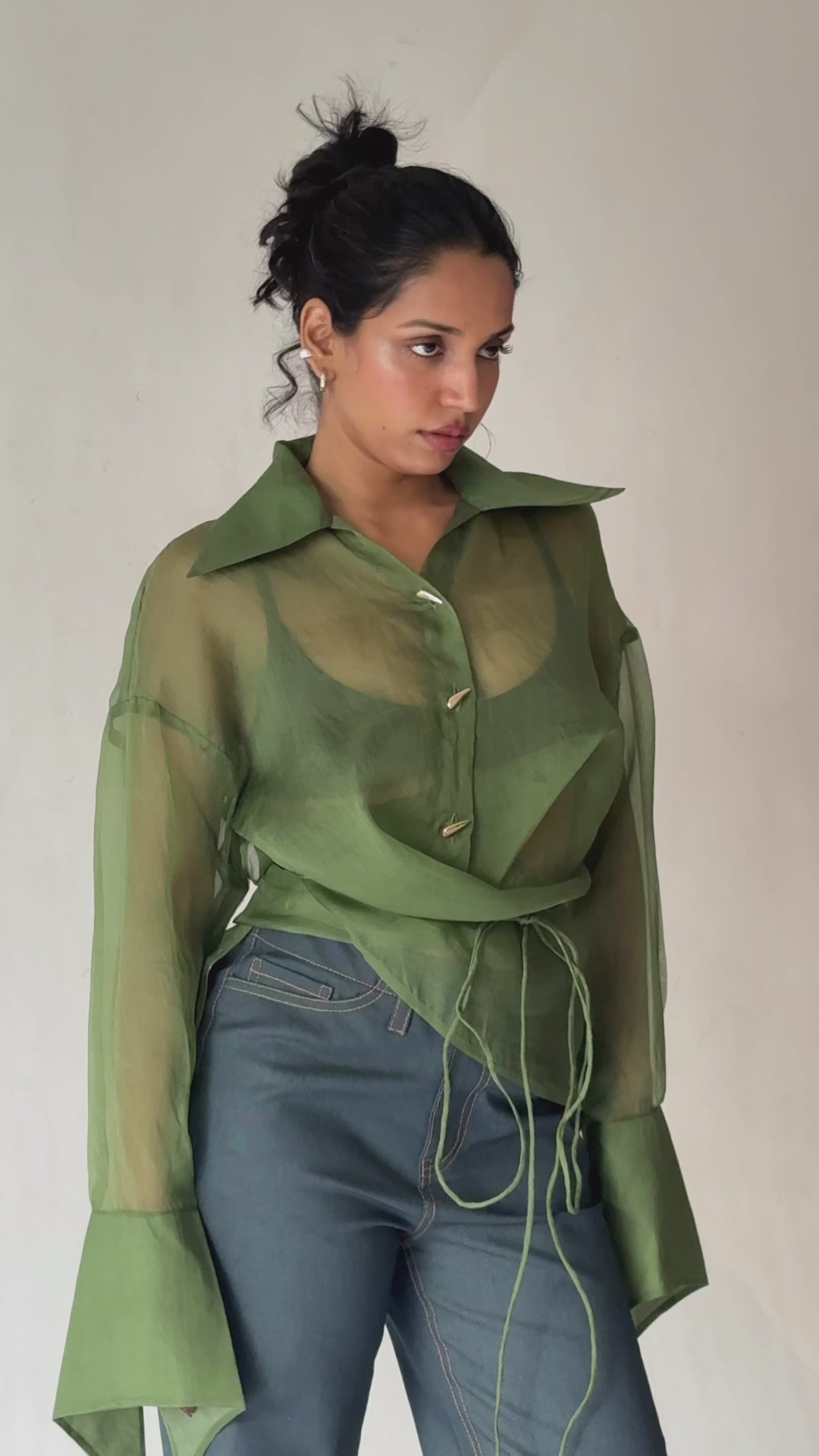 Sheer Organza Wrap Shirt with Tie Waist | Green