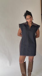 Dual-Tone Denim Mini Dress with Contrast Stitch | Pink & Purple