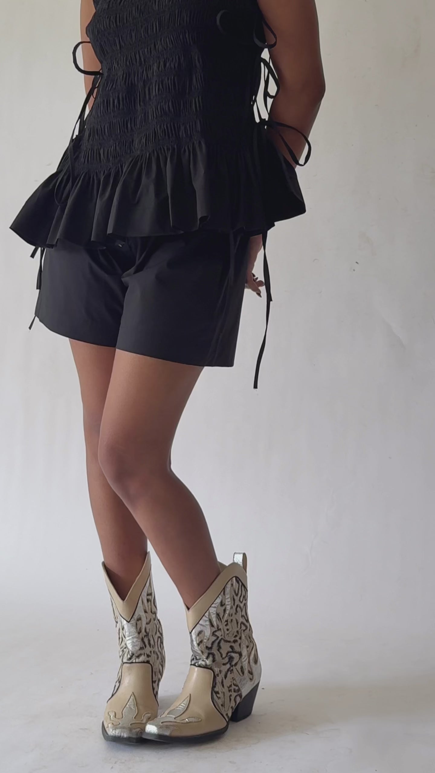 Black Cotton Boxer Shorts with Elastic Waist & Button Detail