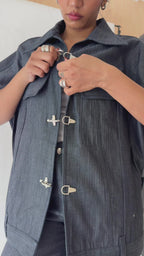 Herringbone Denim Utility Jacket with Hook Closure – Oversized | Navy Blue