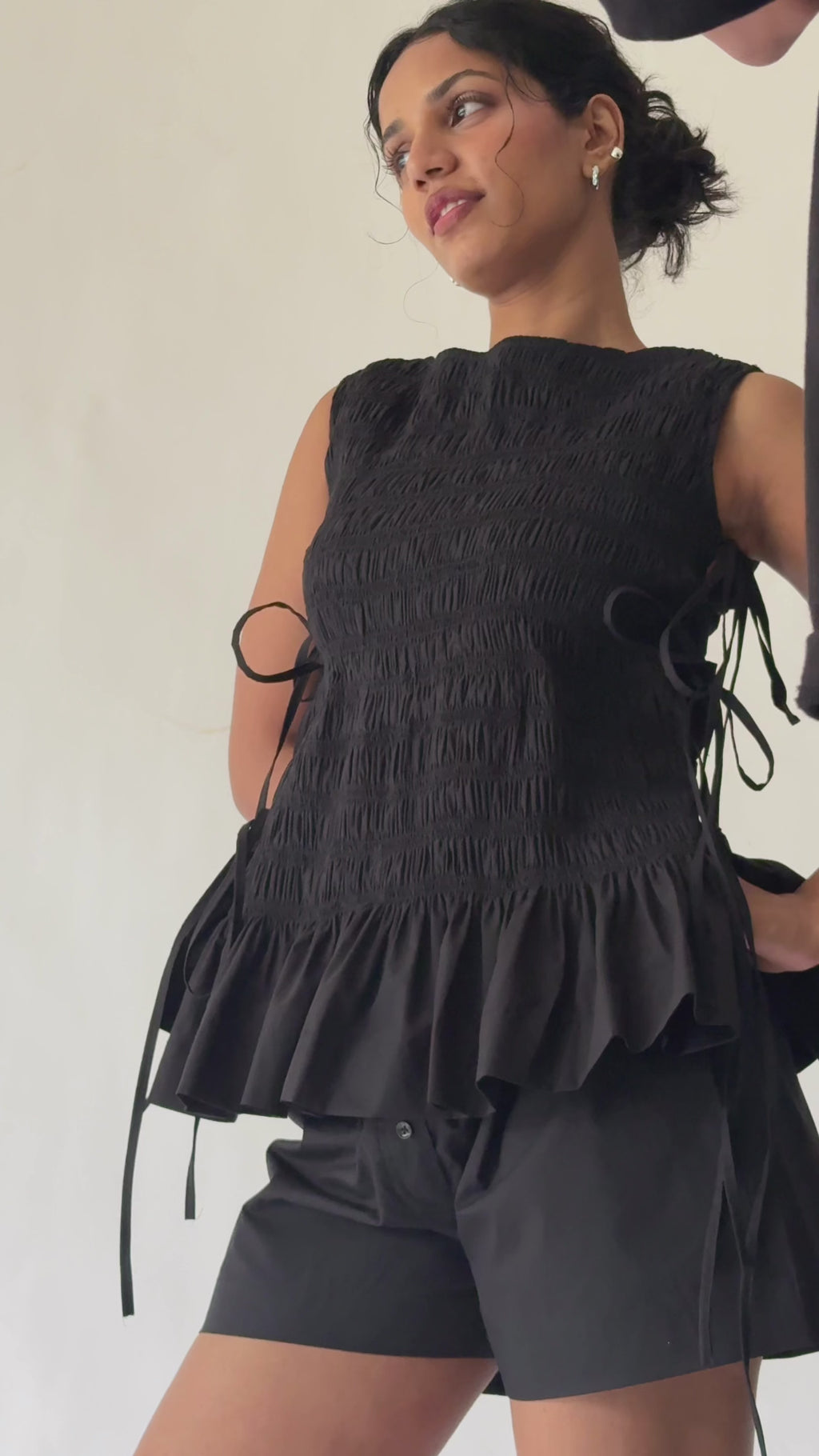 Black Ruched Cotton Top with Side Tie-Up & Ruffle Hem
