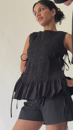 Black Ruched Cotton Top with Side Tie-Up & Ruffle Hem