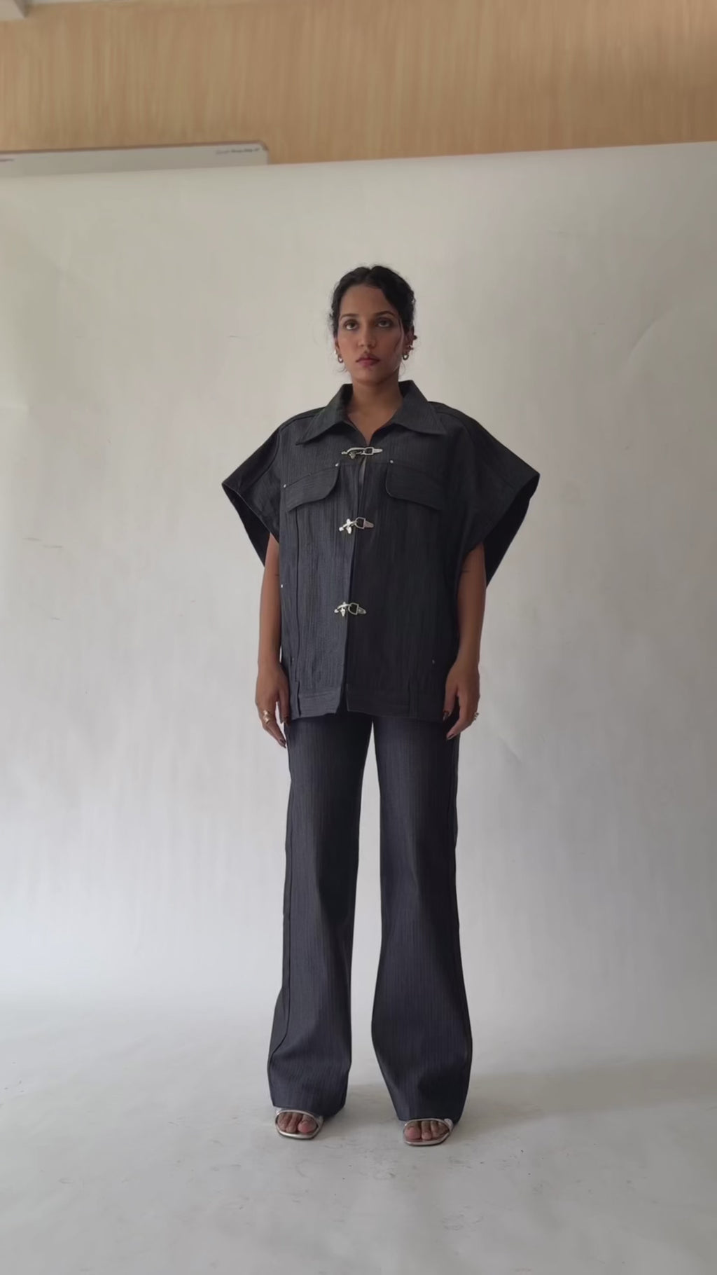 High-Waisted Herringbone Denim Flared Pants | Navy