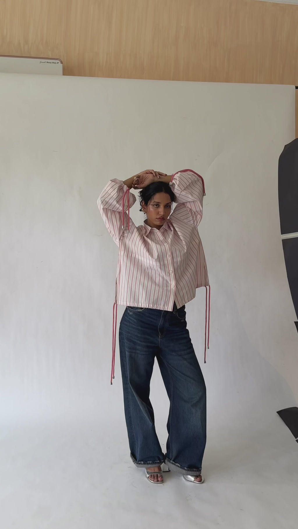 Balloon Sleeve Cotton Shirt with Drawstrings – White & Pink