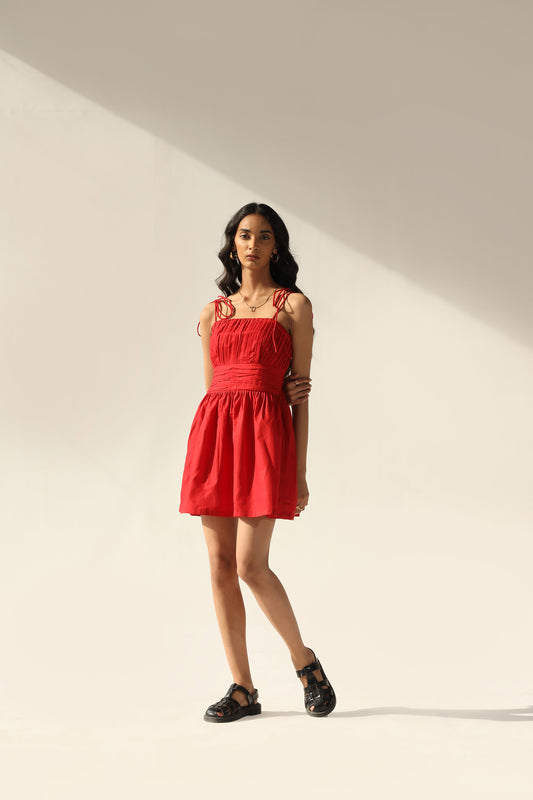 Pleat Detail Skater Dress | Red