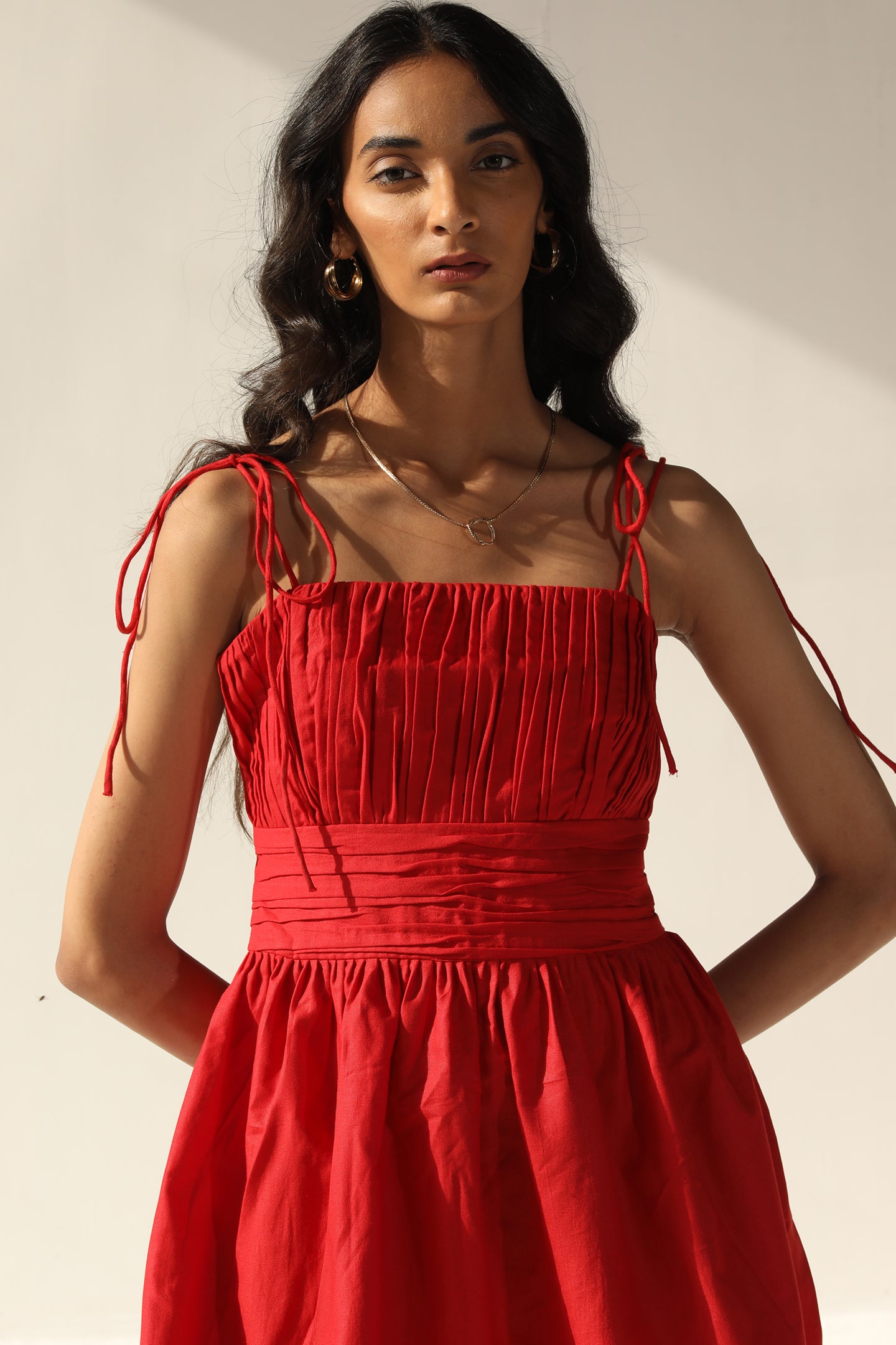 Pleat Detail Skater Dress | Red